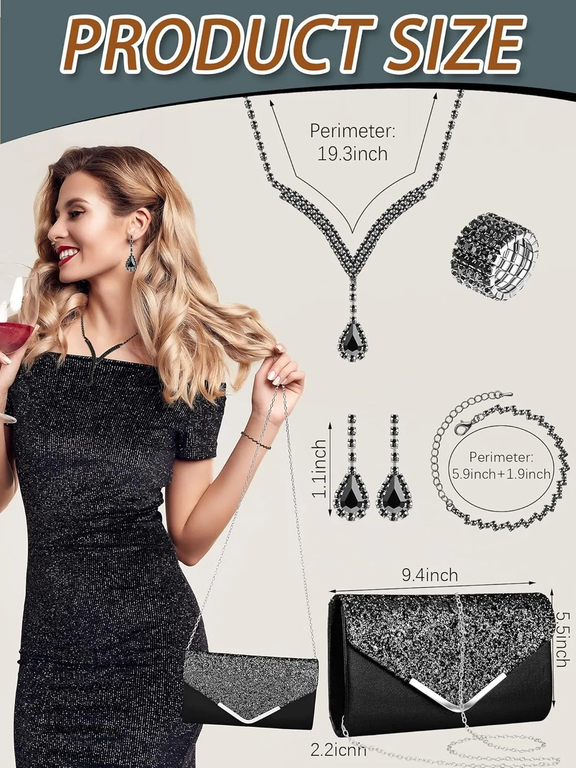 Henoyso 5 Pcs Purse Rhinestone Jewelry Set Prom Jewelry Rhinestone Clutch Purse Bride Necklace Earrings Bracelets for Women