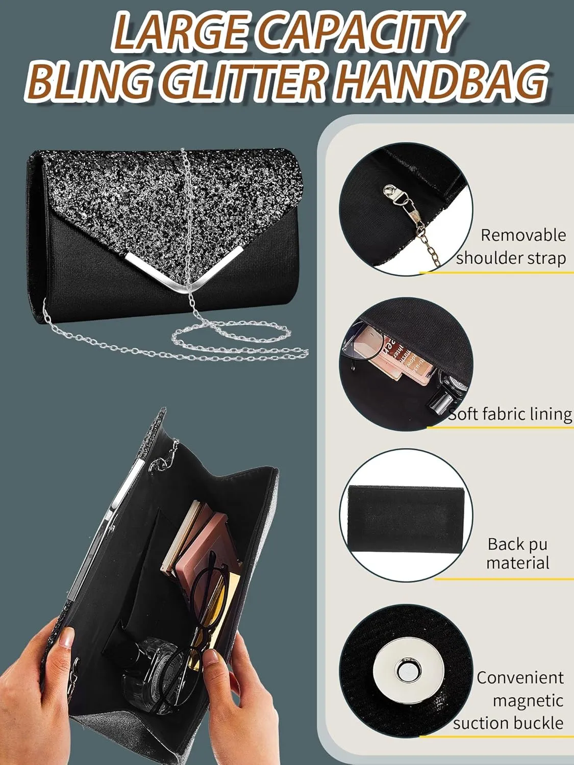 Henoyso 5 Pcs Purse Rhinestone Jewelry Set Prom Jewelry Rhinestone Clutch Purse Bride Necklace Earrings Bracelets for Women