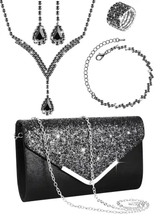 Henoyso 5 Pcs Purse Rhinestone Jewelry Set Prom Jewelry Rhinestone Clutch Purse Bride Necklace Earrings Bracelets for Women