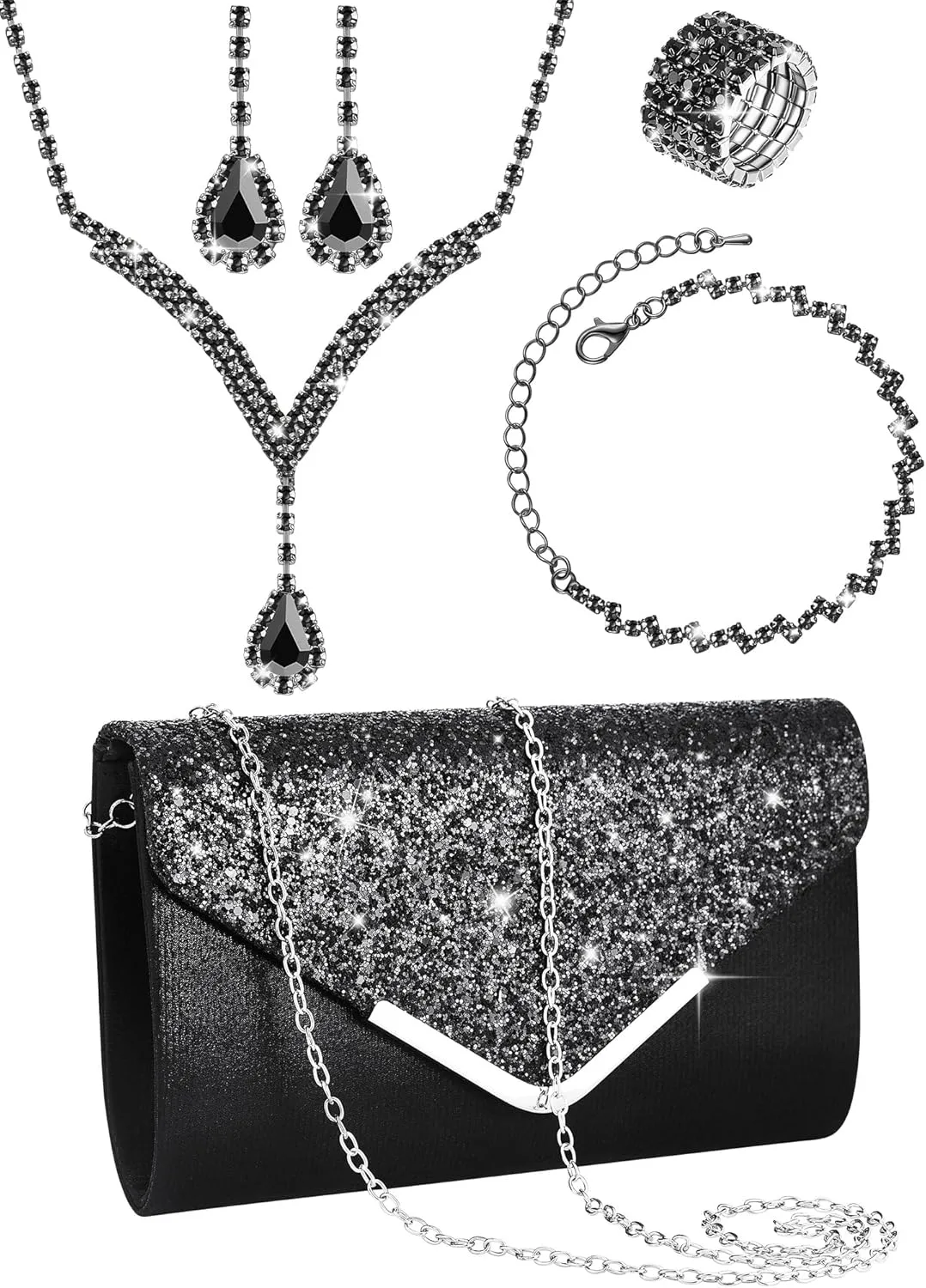 Henoyso 5 Pcs Purse Rhinestone Jewelry Set Prom Jewelry Rhinestone Clutch Purse Bride Necklace Earrings Bracelets for Women