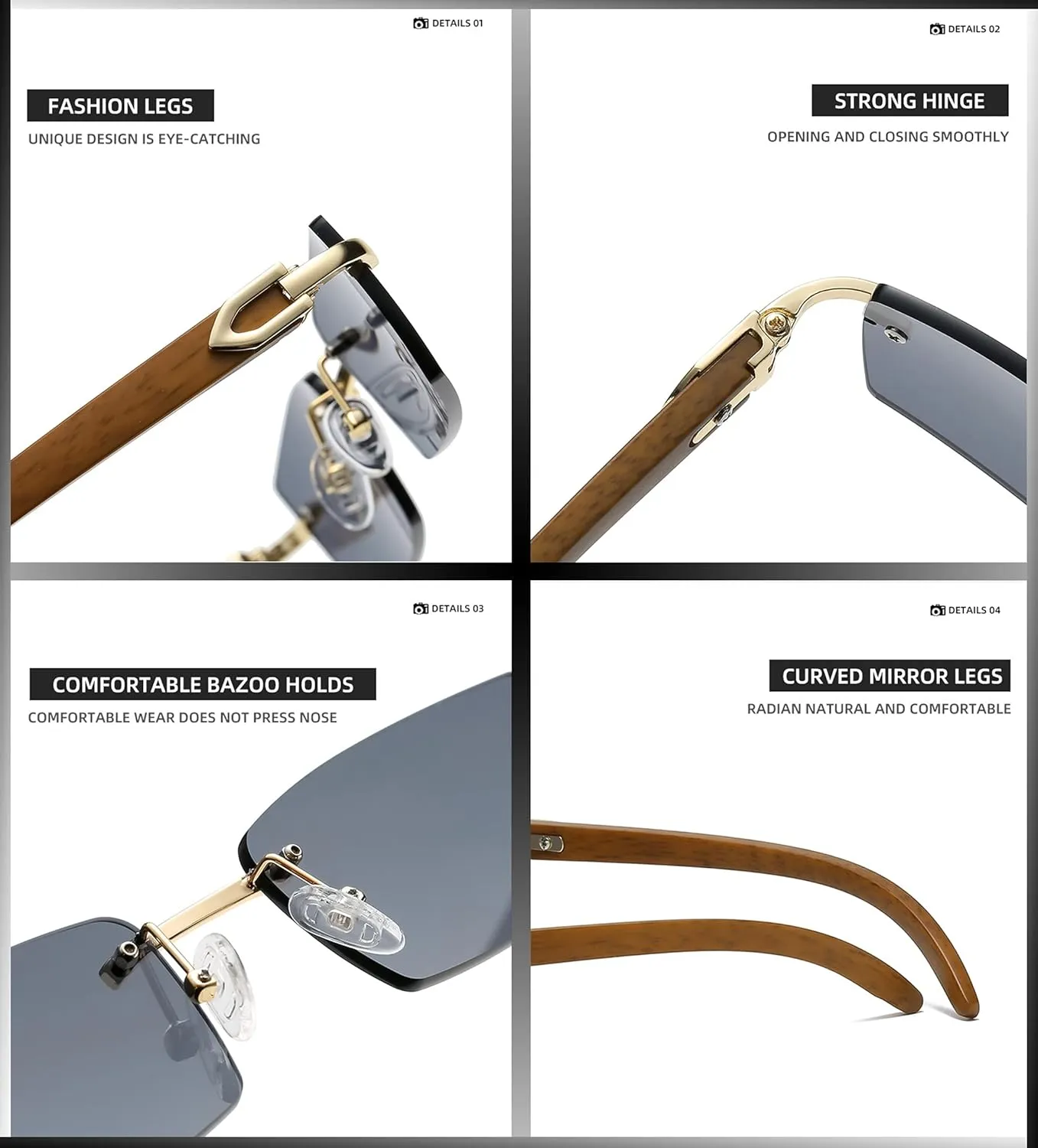 Heptagram Rectangle Fashion Rimless Sunglasses for Women Men Gangster 90s Frameless Shades Retro Vintage Trendy Eyewear