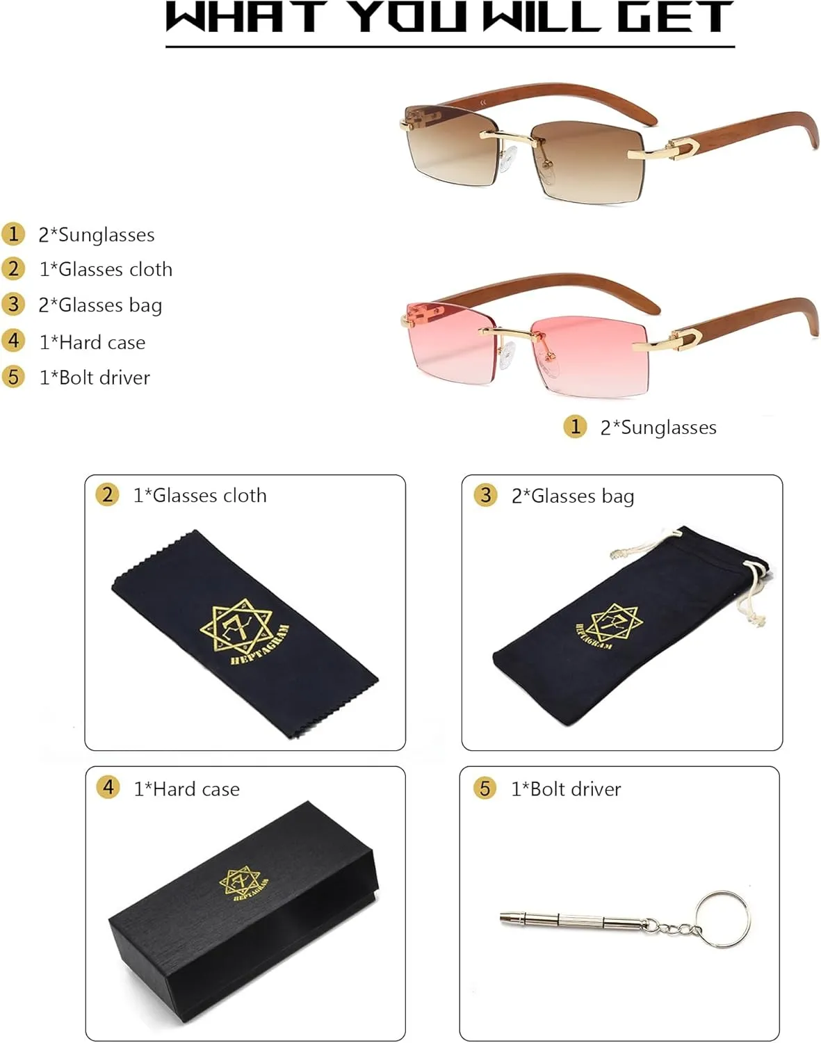 Heptagram Rectangle Fashion Rimless Sunglasses for Women Men Gangster 90s Frameless Shades Retro Vintage Trendy Eyewear