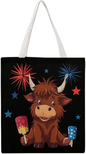 Highland Cow-Popsiclees Firework USA Canvas Tote Bags Portable Shopping Grocery Bag Shoulder Handbag with Handles
