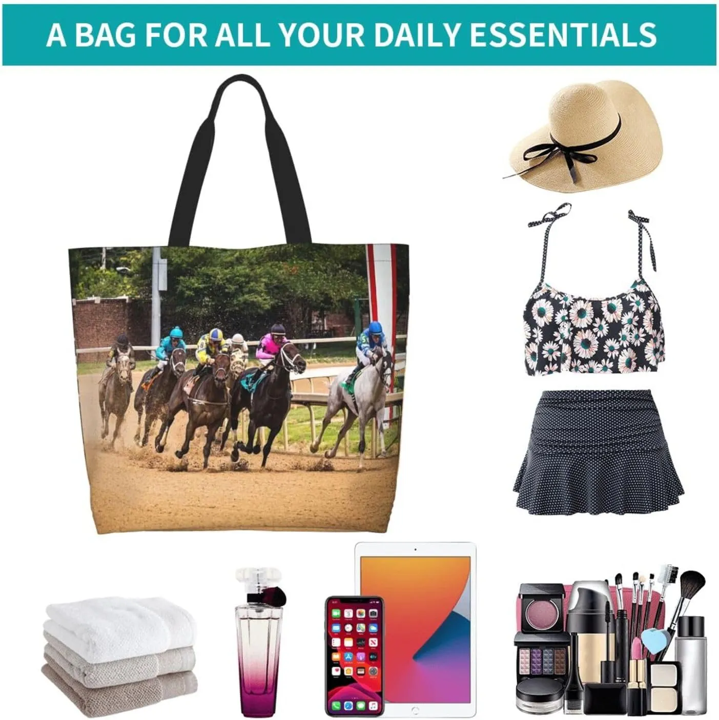 Horse Race Cool Tote Bag Beach Bag Large Capacity Grocery Bag Reusable Shopping bags for Women
