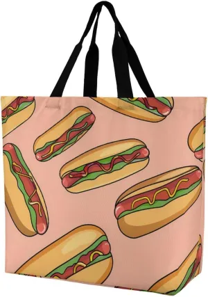 Hot Dogs with Wheat Buns Reusable Shopping Bag with Shoulder Straps Portable Collapsible Grocery Tote Bags