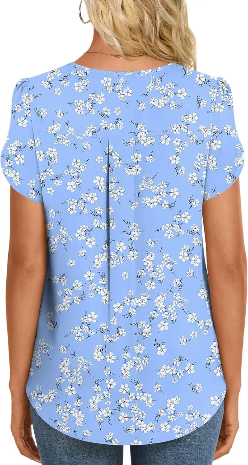 HOTGIFT Womens Blouse 2025 Summer Short Sleeve V Neck Buttons Chiffon Tops M-3XL
