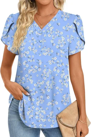 HOTGIFT Womens Blouse 2025 Summer Short Sleeve V Neck Buttons Chiffon Tops M-3XL