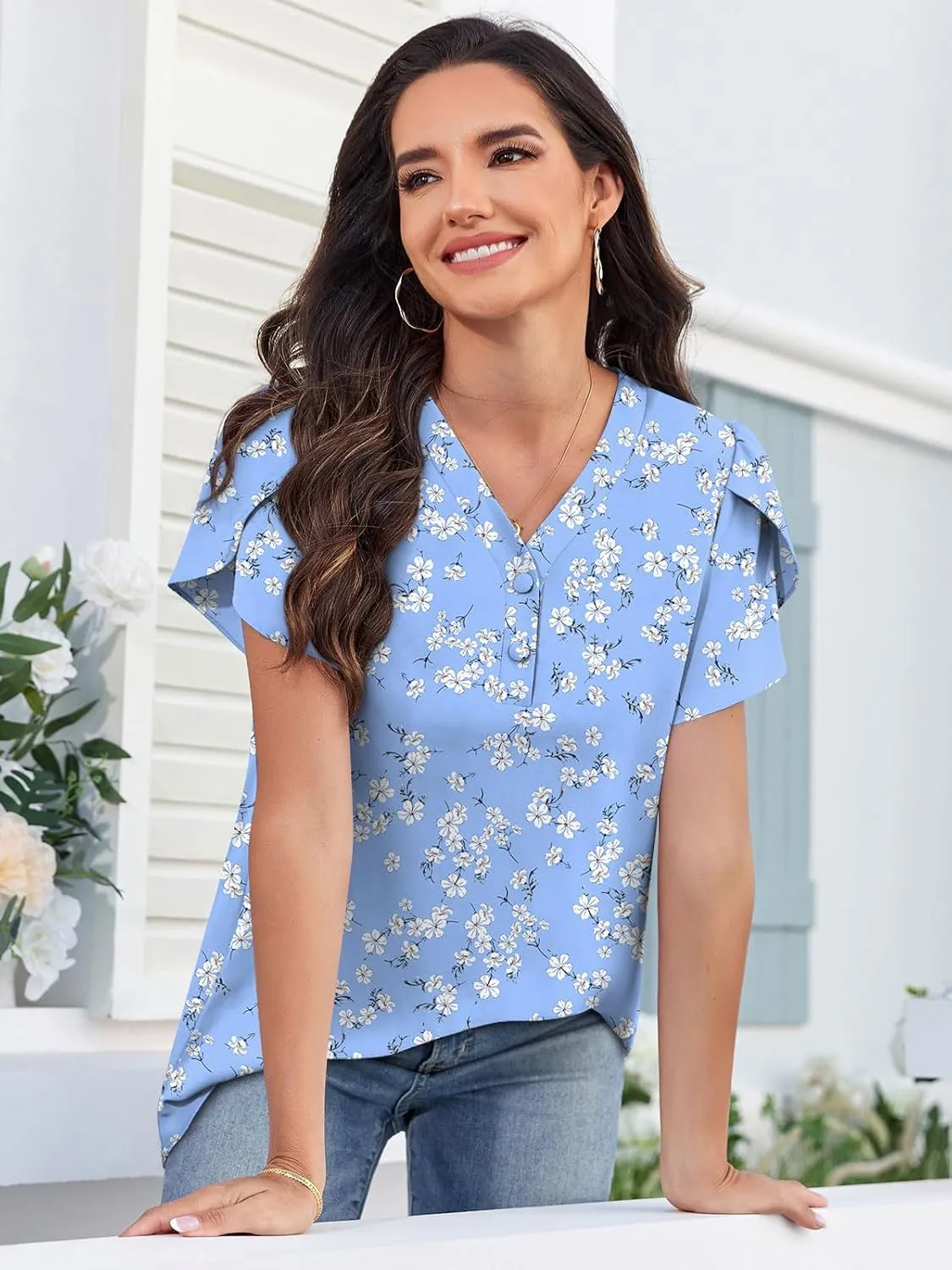HOTGIFT Womens Blouse 2025 Summer Short Sleeve V Neck Buttons Chiffon Tops M-3XL