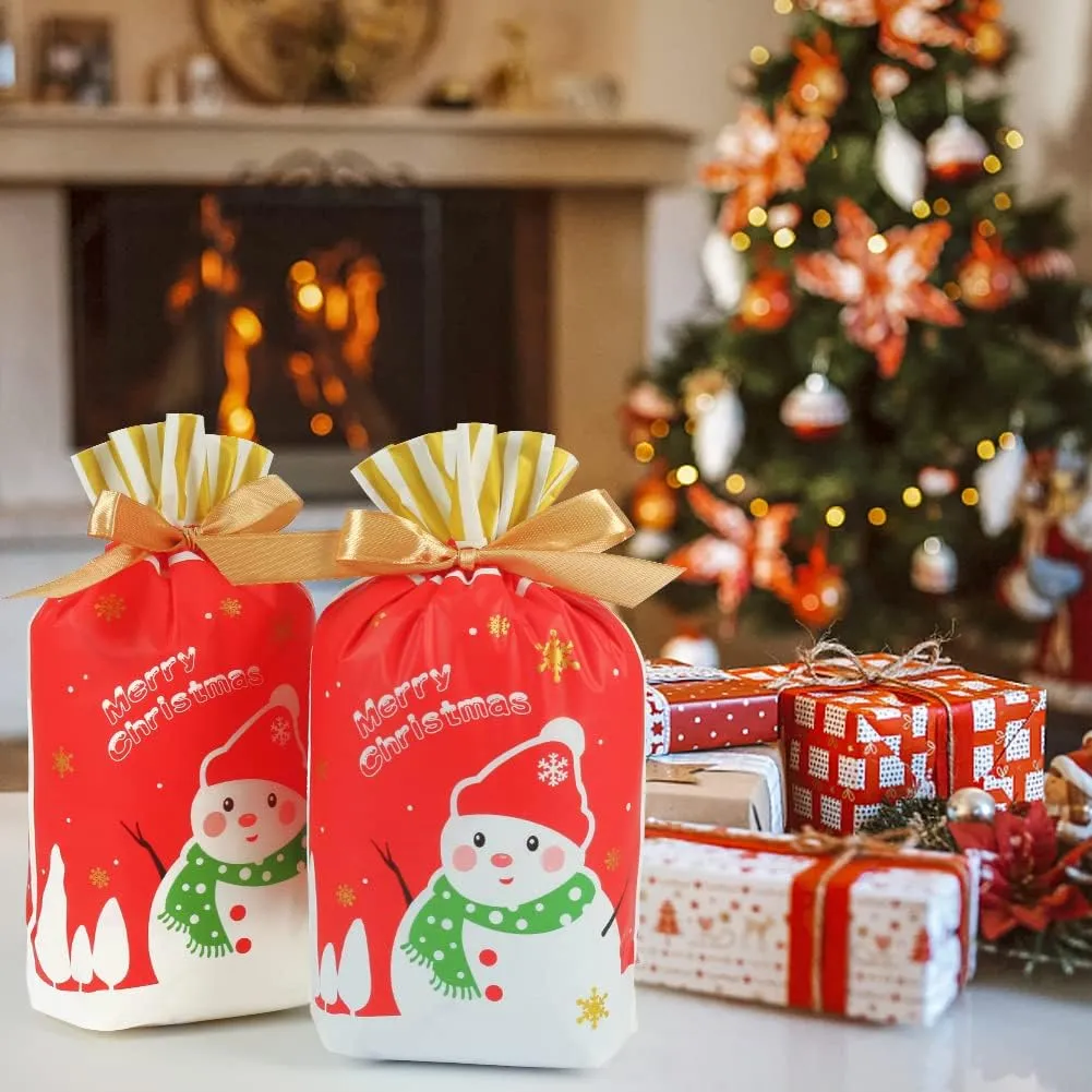 HRX Package 50pcs Christmas Goodie Bags, 5.8x9x2.4 inch Drawstring Candy Treat Bags for Food Cookies Gift Giving