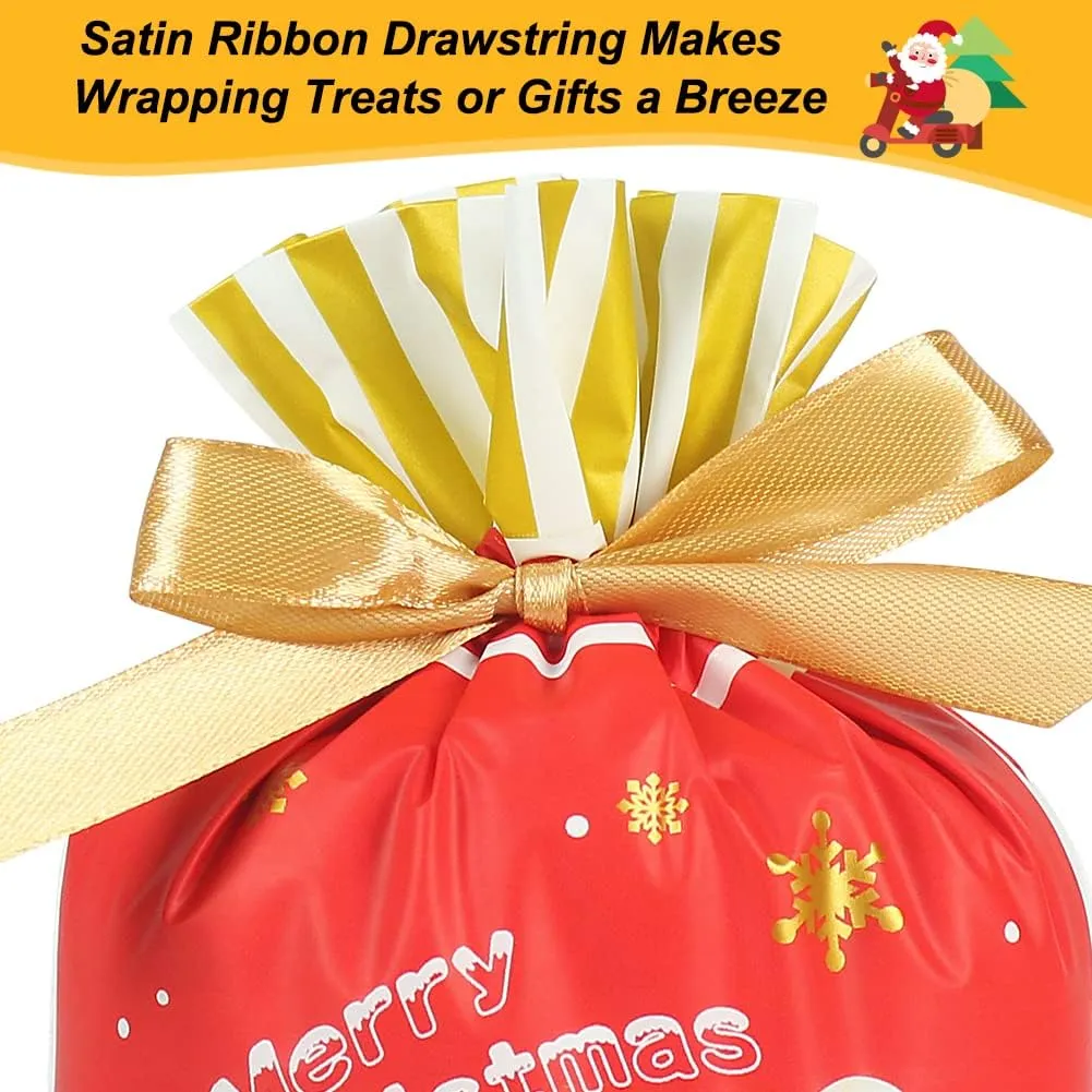 HRX Package 50pcs Christmas Goodie Bags, 5.8x9x2.4 inch Drawstring Candy Treat Bags for Food Cookies Gift Giving