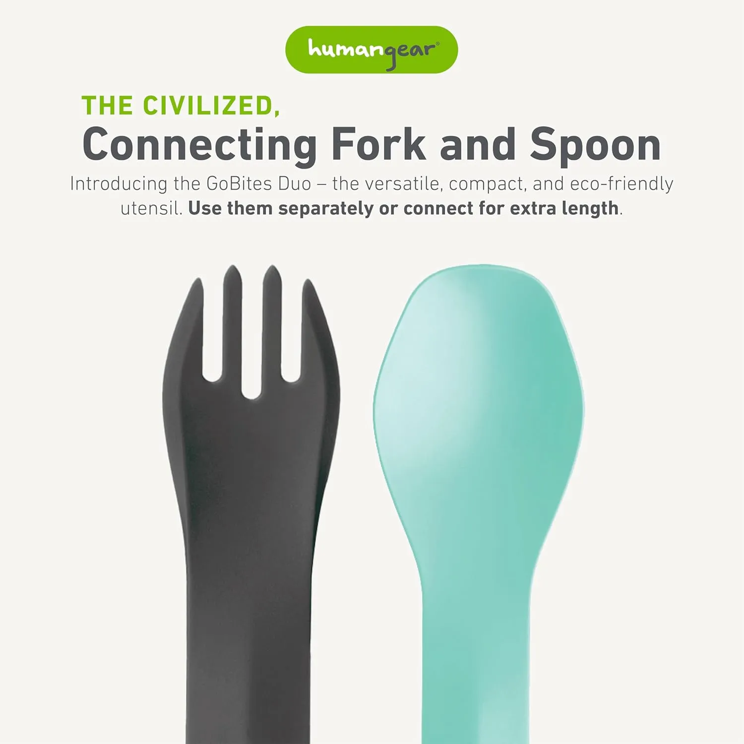 humangear GoBites Duo and Bio Duo Travel Silverware, Full Size Portable Fork & Spoon, Reusable Utensil Set, PC and BPA-free, Food-Safe Nylon or Plant-Based Resin, ﻿Extended - 9.1” X 1.6”