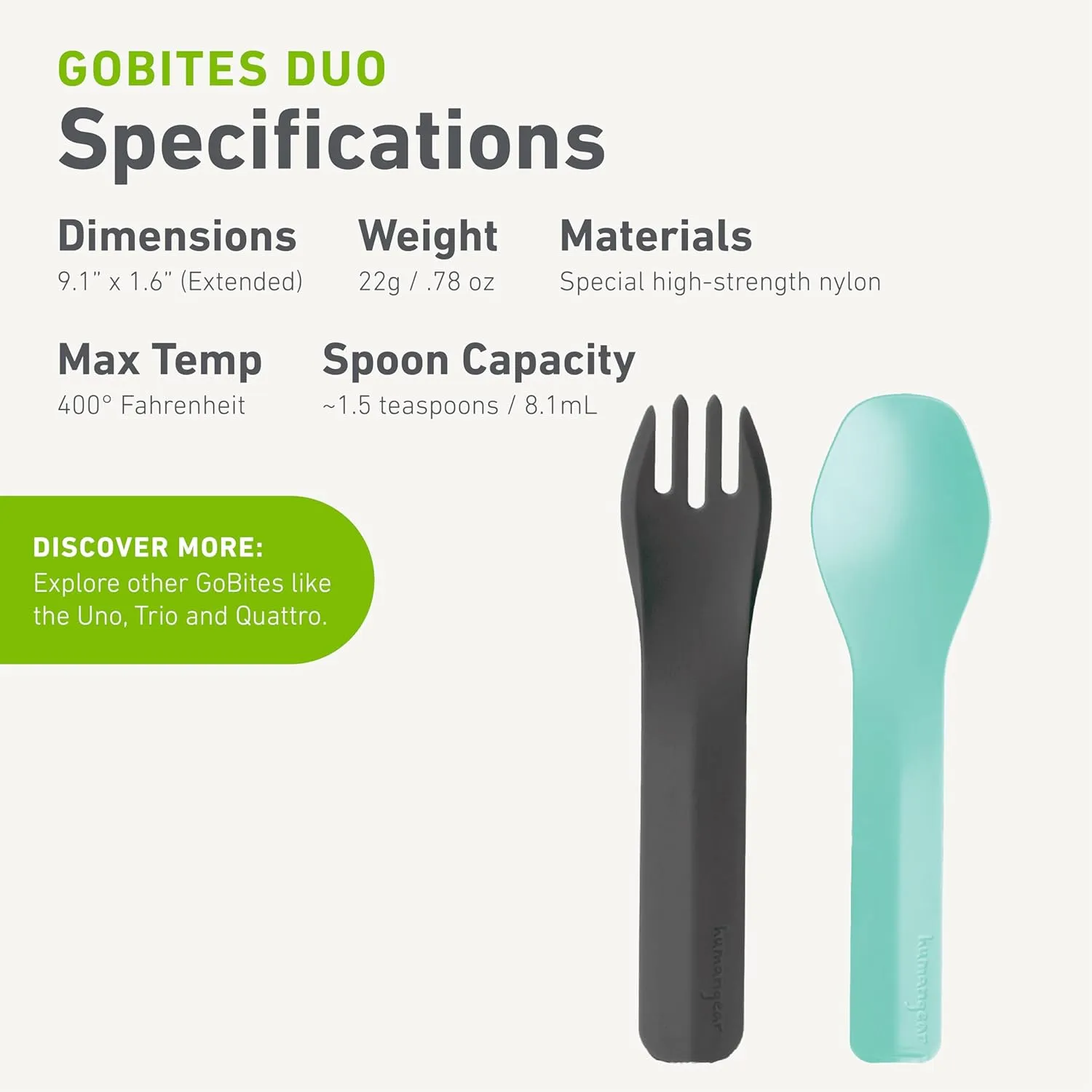humangear GoBites Duo and Bio Duo Travel Silverware, Full Size Portable Fork & Spoon, Reusable Utensil Set, PC and BPA-free, Food-Safe Nylon or Plant-Based Resin, ﻿Extended - 9.1” X 1.6”