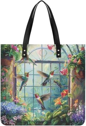 Hummingbird Flower Leather Tote Bag for Women Men Shoulder Bag Casual Handbag Work Bag 39x39cm