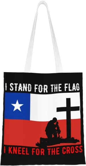 I Stand For The Chile Flag And I Kneel For The Cross Tote Bag for Women Canvas Shopping Bags Reusable Large Capacity Casual Shoulder Handbags Grocery Bags DIY Gift Bags