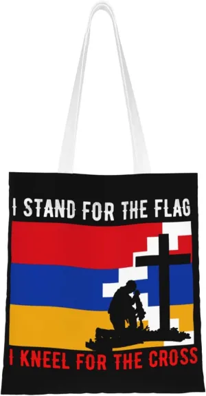 I Stand For The Flag Of Artsakh And I Kneel For The Cross Tote Bag for Women Canvas Shopping Bags Reusable Large Capacity Casual Shoulder Handbags Grocery Bags DIY Gift Bags