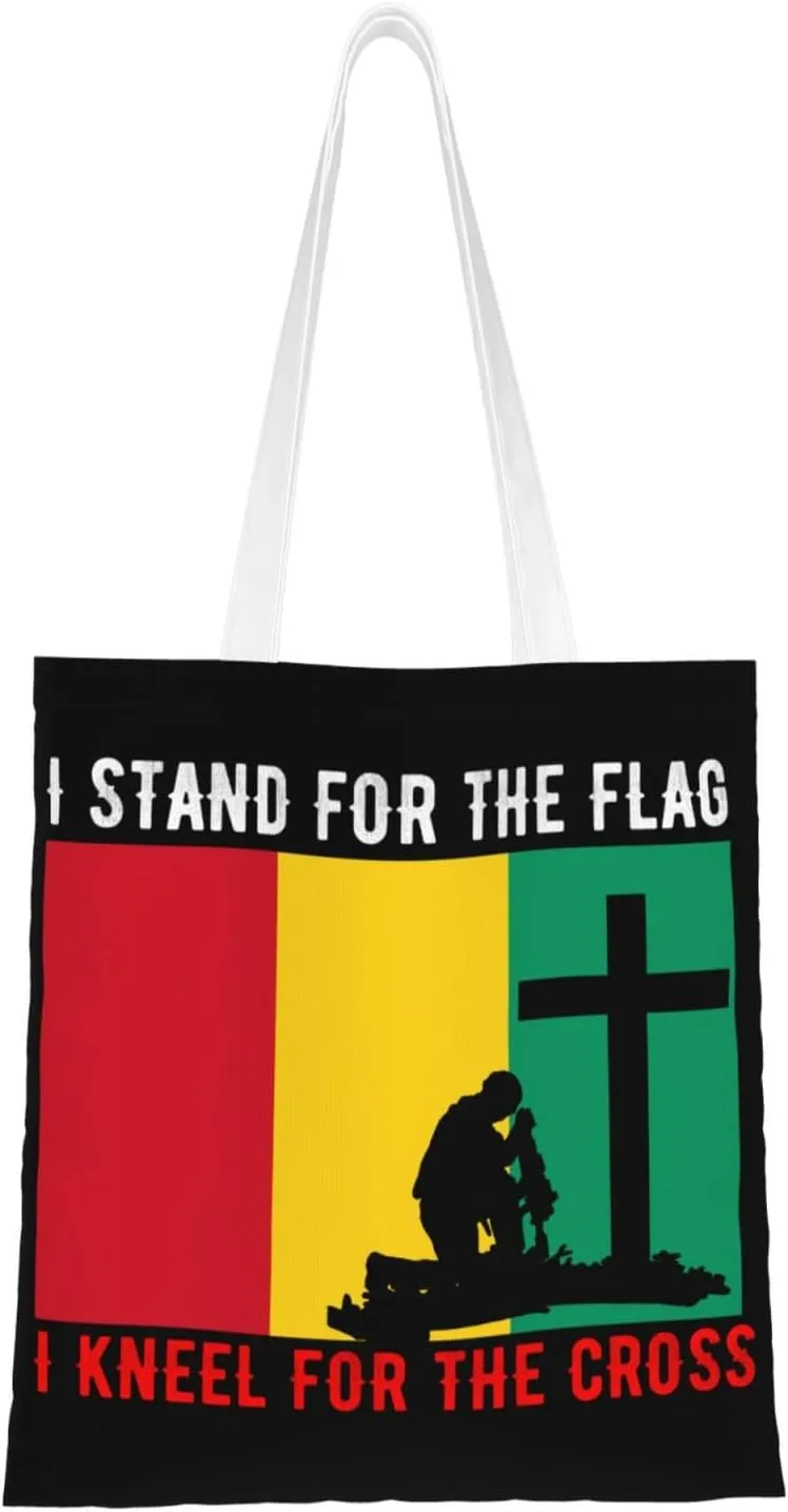 I Stand For The Guinea Flag And I Kneel For The Cross Tote Bag for Women Canvas Shopping Bags Reusable Large Capacity Casual Shoulder Handbags Grocery Bags DIY Gift Bags