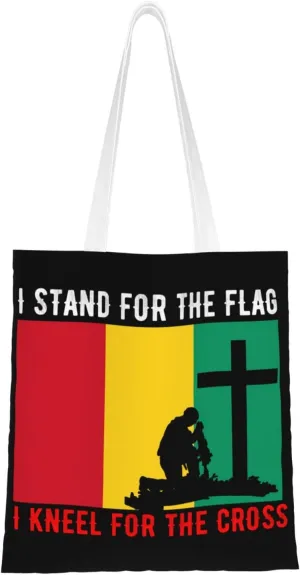 I Stand For The Guinea Flag And I Kneel For The Cross Tote Bag for Women Canvas Shopping Bags Reusable Large Capacity Casual Shoulder Handbags Grocery Bags DIY Gift Bags