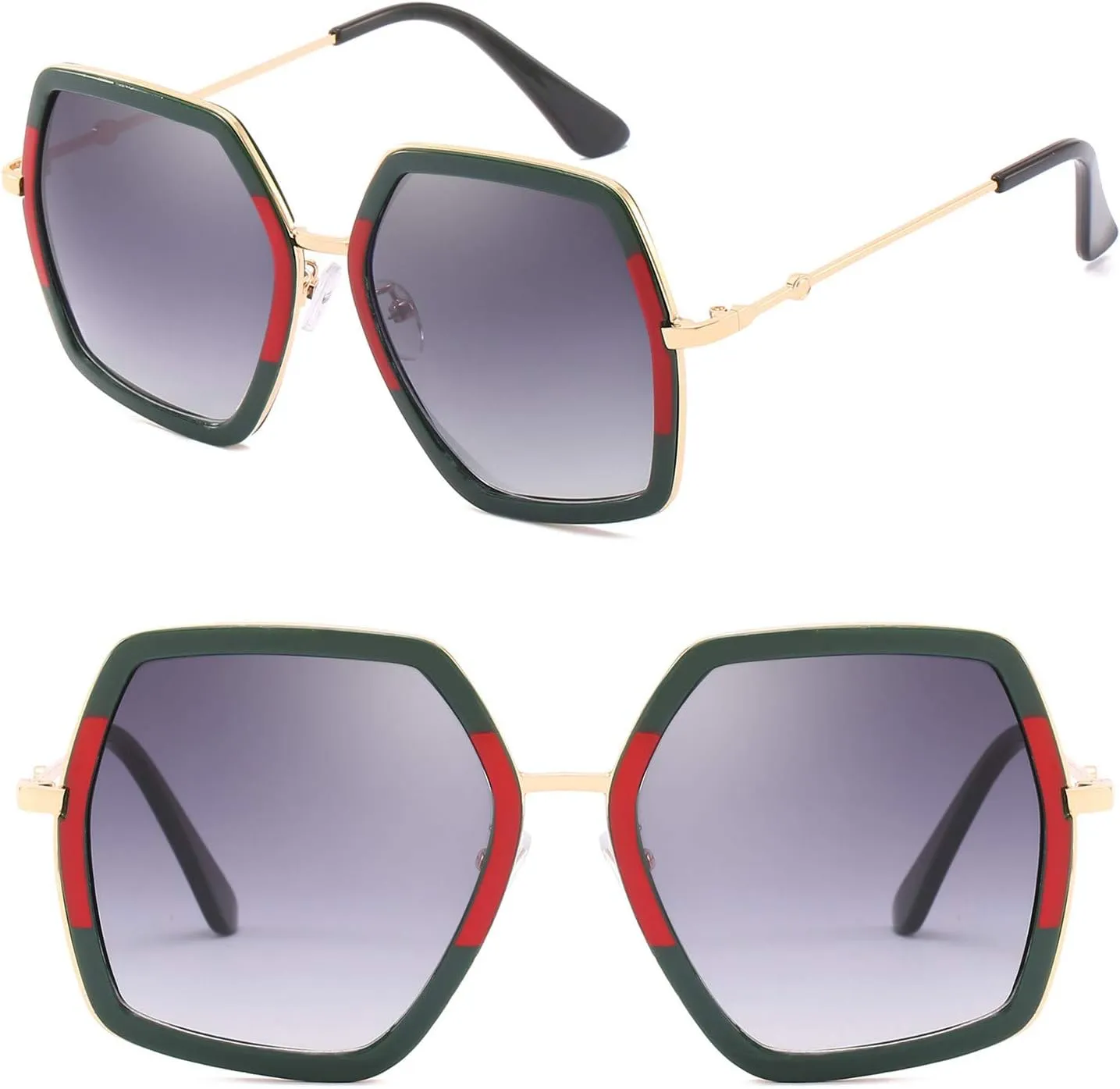 iKANOO Oversized Sunglasses for Women Men Fashion 70s Disco Glasses Hexagon Inspired Designer Red Green Shades