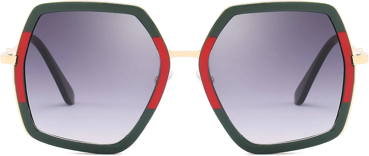 iKANOO Oversized Sunglasses for Women Men Fashion 70s Disco Glasses Hexagon Inspired Designer Red Green Shades