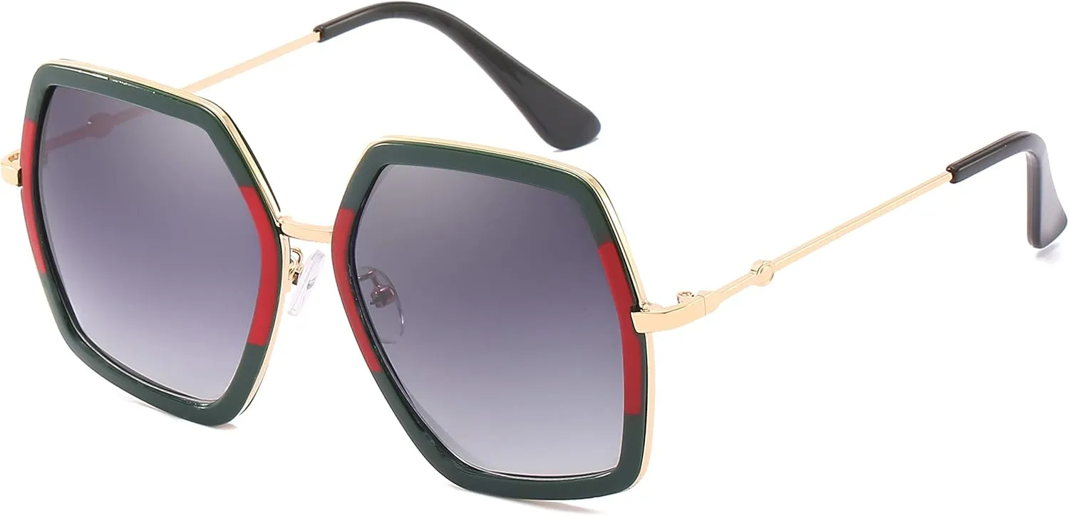 iKANOO Oversized Sunglasses for Women Men Fashion 70s Disco Glasses Hexagon Inspired Designer Red Green Shades