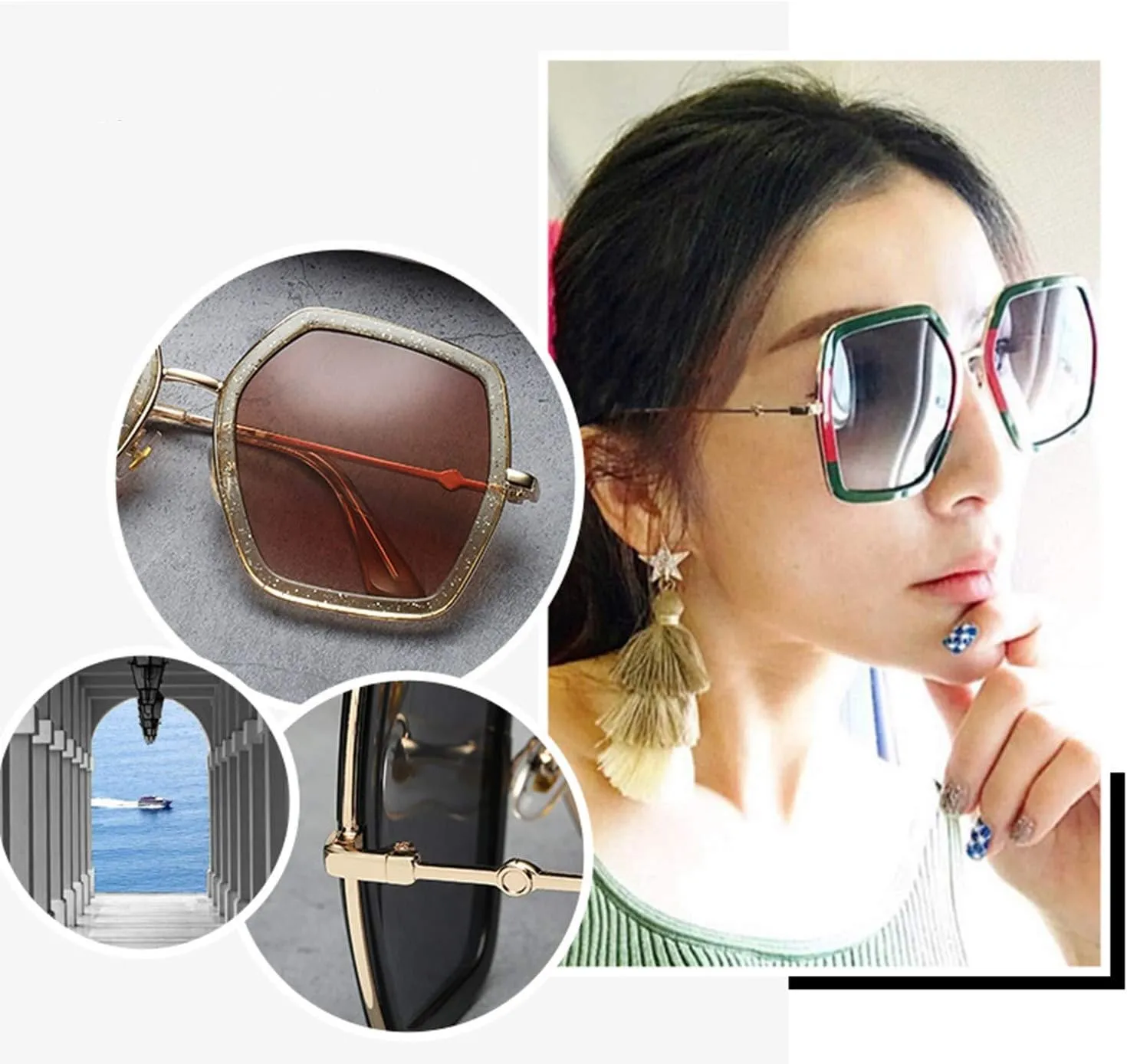 iKANOO Oversized Sunglasses for Women Men Fashion 70s Disco Glasses Hexagon Inspired Designer Red Green Shades