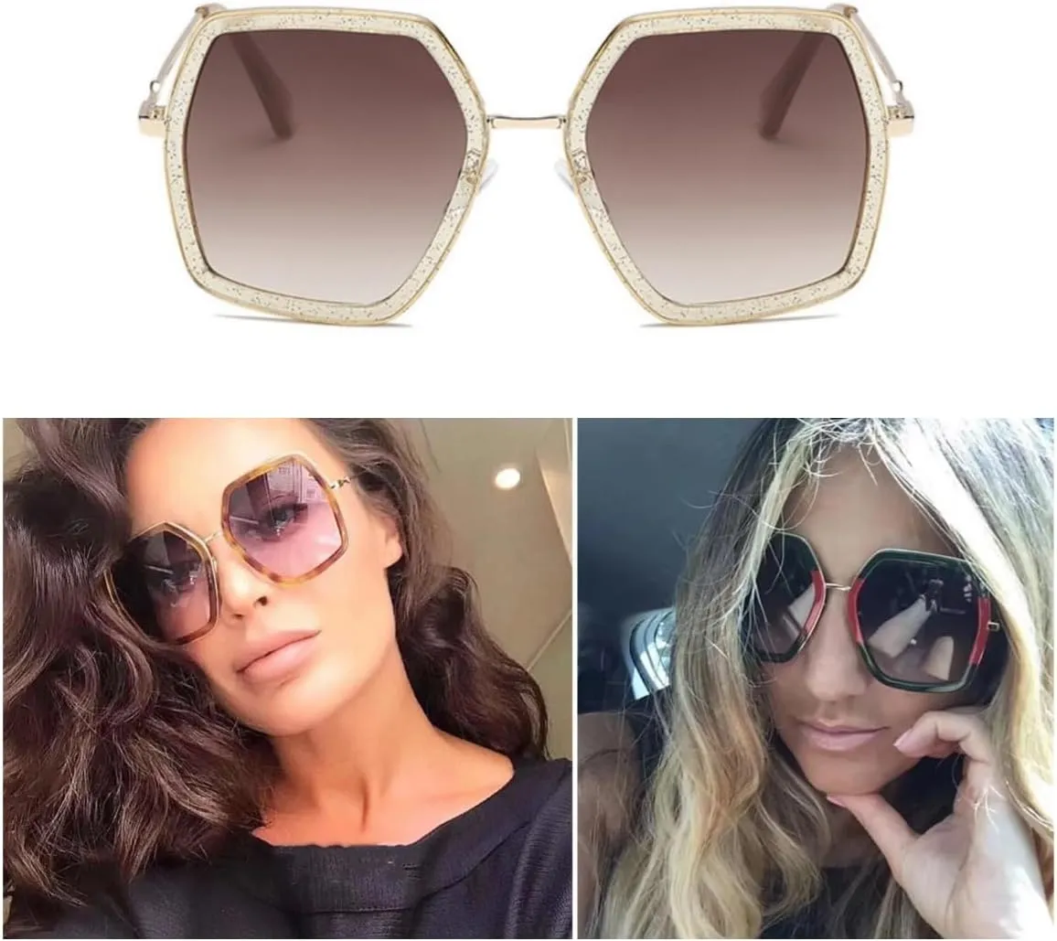 iKANOO Oversized Sunglasses for Women Men Fashion 70s Disco Glasses Hexagon Inspired Designer Red Green Shades