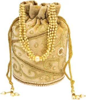 Indian Ethnic Clutch Purses for Women, Bridal Potli Bag with Pearls for Wedding, Handmade Traditional Drawstring Designer Embroidery Purse for Gifts, Brown