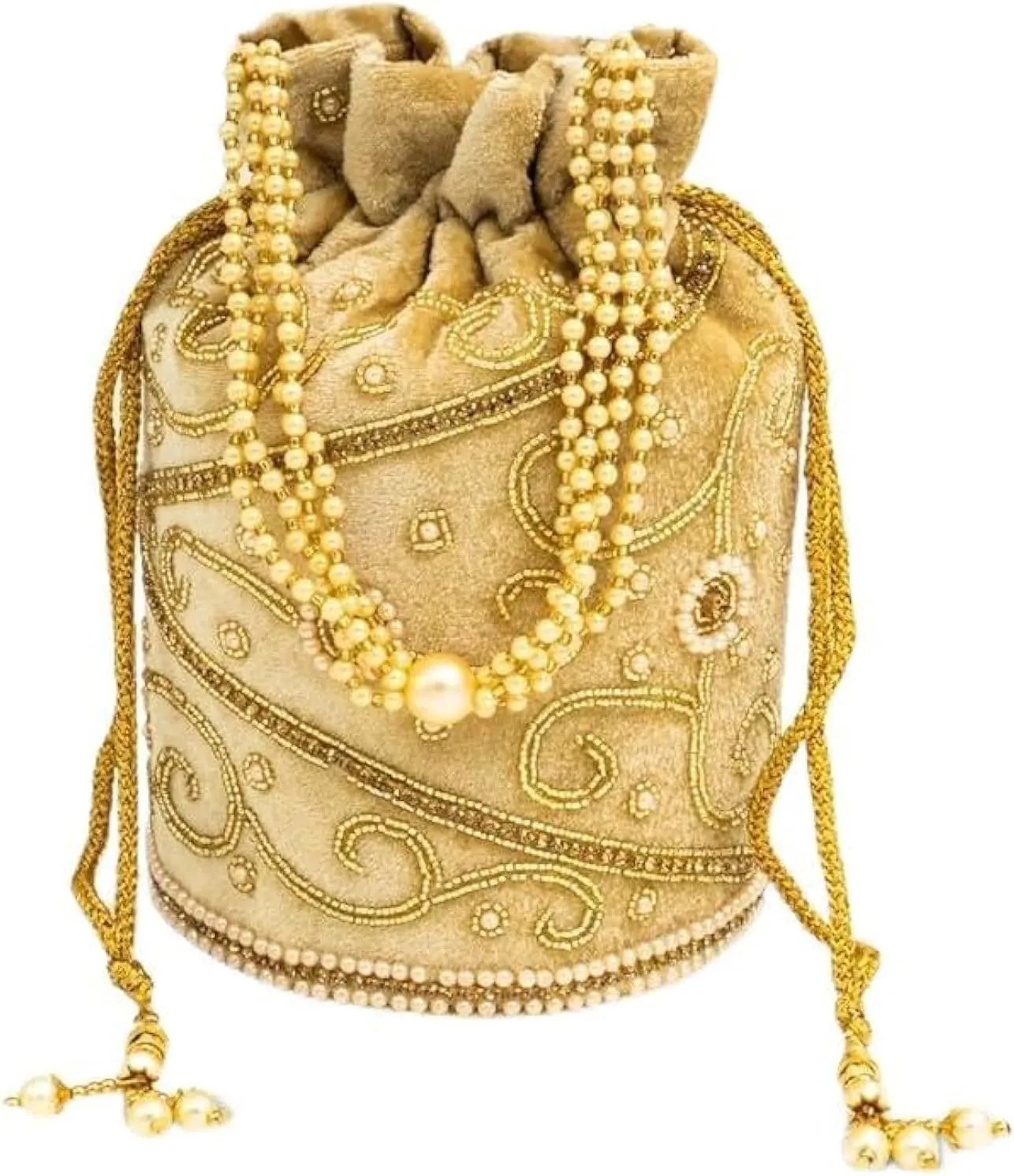 Indian Ethnic Clutch Purses for Women, Bridal Potli Bag with Pearls for Wedding, Handmade Traditional Drawstring Designer Embroidery Purse for Gifts, Brown