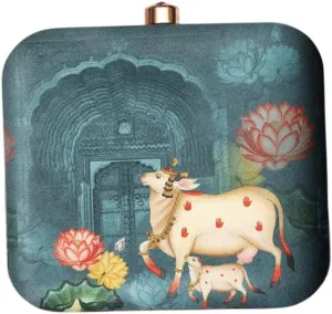 Indian Ethnic Designer Box Clutch with Pichwai & Calf Print for Women to Pair with Saree or any Indian Traditional Attire