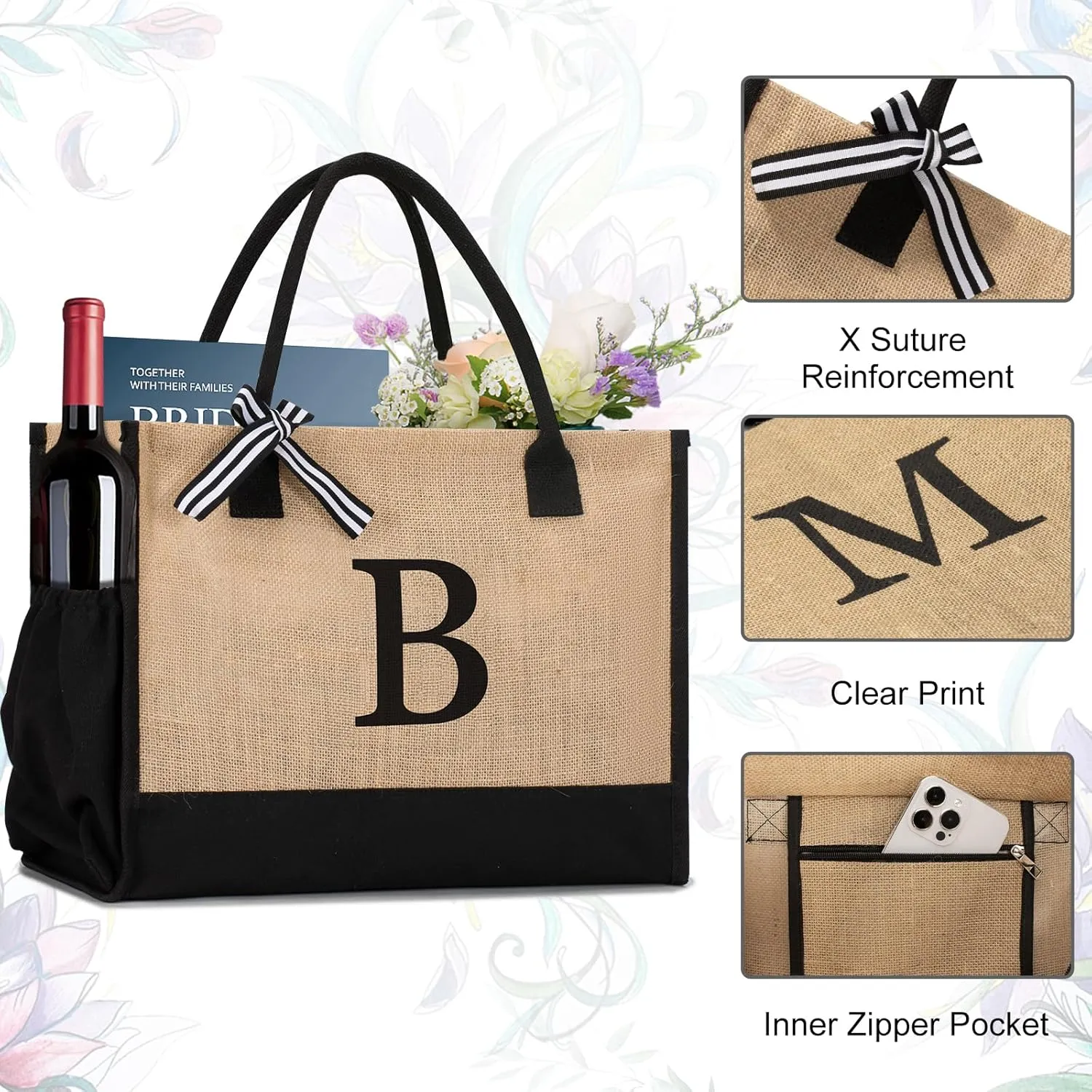 Initial Canvas Tote Bag Birthdays Gift for Women Mom Teacher Friend Bridesmaid,Custom for Wedding Beach Holidays