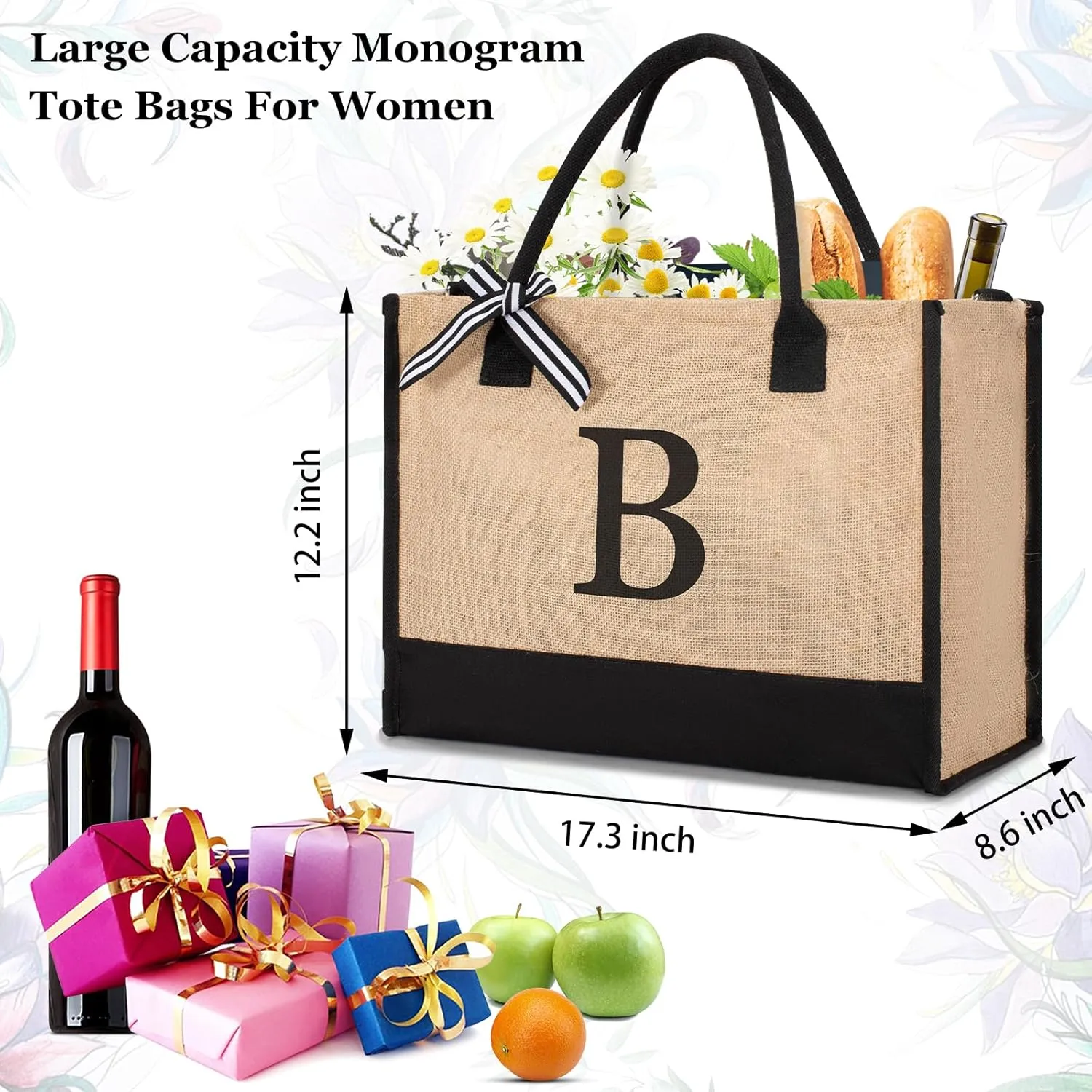 Initial Canvas Tote Bag Birthdays Gift for Women Mom Teacher Friend Bridesmaid,Custom for Wedding Beach Holidays