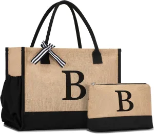 Initial Canvas Tote Bag Birthdays Gift for Women Mom Teacher Friend Bridesmaid,Custom for Wedding Beach Holidays