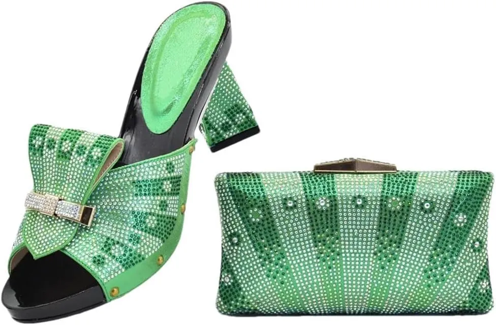 Italian Crafted Square Toe Rhinestone Heels Clutch Set African Womens Wedding Banquet Luxury Footwear