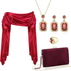Jadive 5 Pcs Clutch Purse Satin Shawl Wrap Jewelry Set for Women Evening Bags Dresses Prom Handbag Scarf Earrings Necklace Ring for Wedding Bridal Night out Party Vintage Banquet Accessories