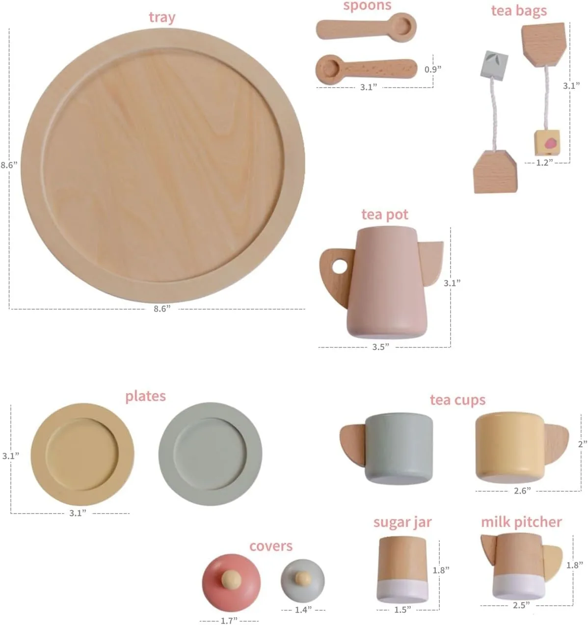 JC Toys Parfait Collection | Real Wood 12 Piece Tea Party Set | for Dolls and Stuffed Animals Ages 3  | Twiggly Toys