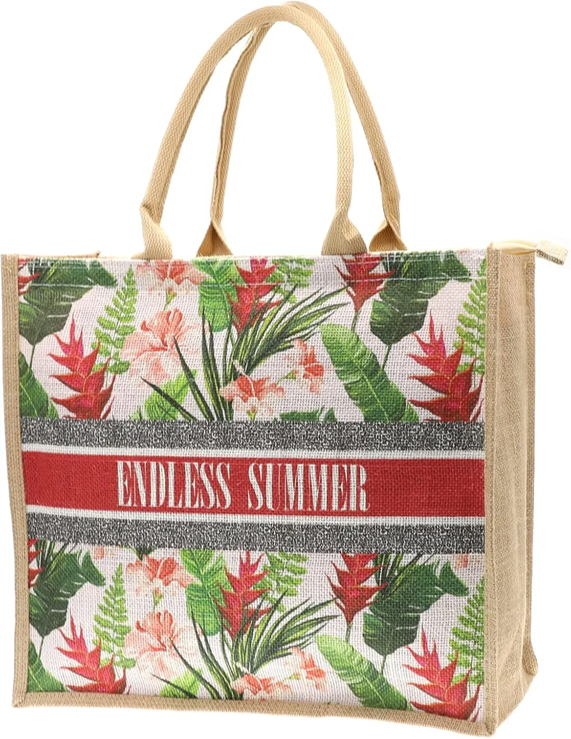 JNF Straw Beach Bag Jute Beach Tote Bags for Women Burlap Tote Bag with Zipper Reusable Grocery Shopping Bag with Handle