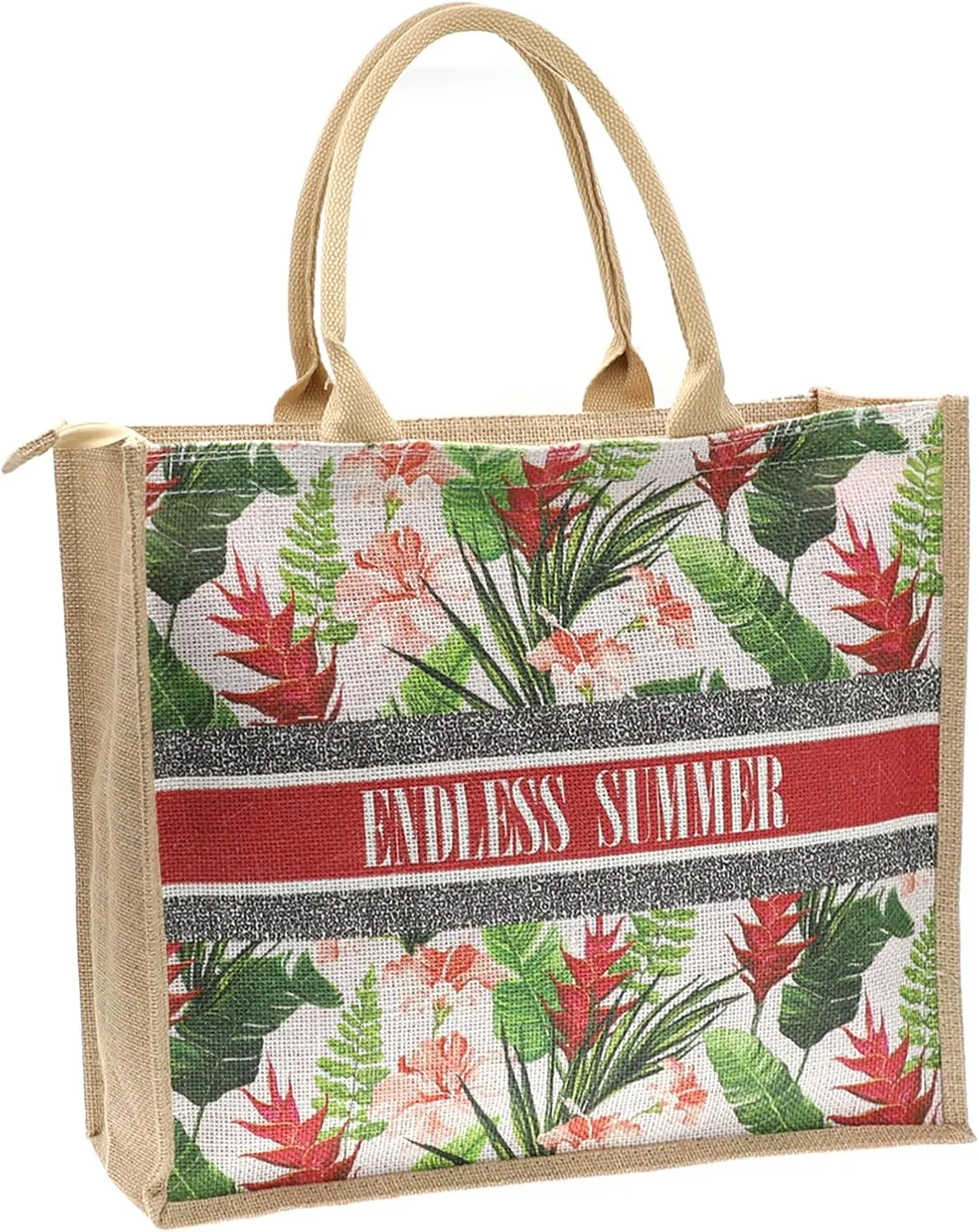 JNF Straw Beach Bag Jute Beach Tote Bags for Women Burlap Tote Bag with Zipper Reusable Grocery Shopping Bag with Handle