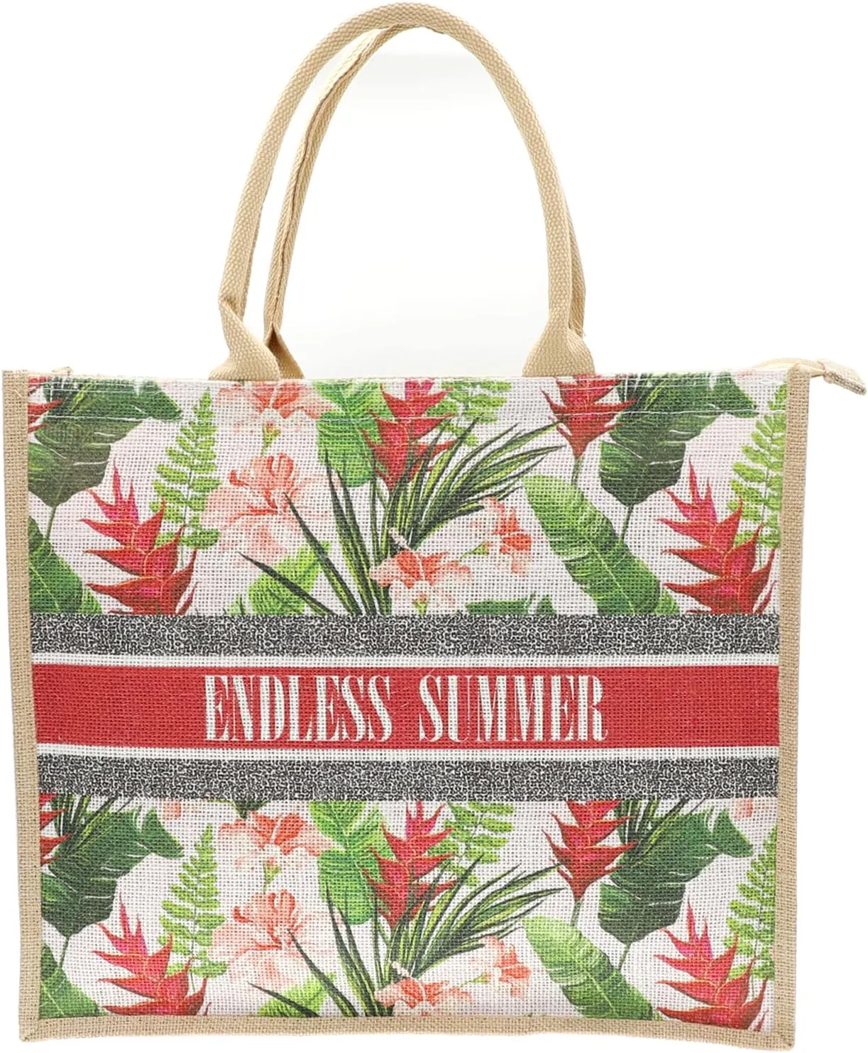 JNF Straw Beach Bag Jute Beach Tote Bags for Women Burlap Tote Bag with Zipper Reusable Grocery Shopping Bag with Handle