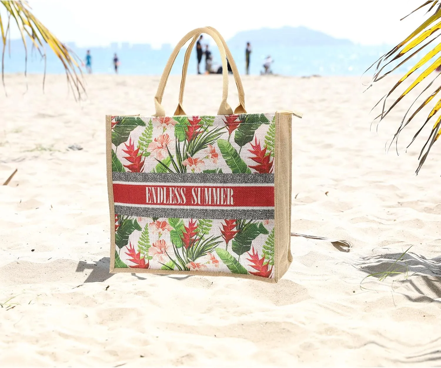 JNF Straw Beach Bag Jute Beach Tote Bags for Women Burlap Tote Bag with Zipper Reusable Grocery Shopping Bag with Handle