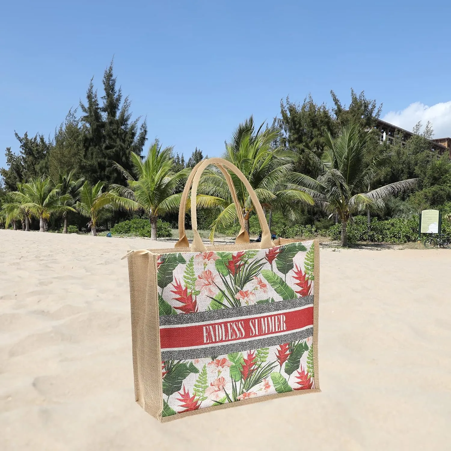 JNF Straw Beach Bag Jute Beach Tote Bags for Women Burlap Tote Bag with Zipper Reusable Grocery Shopping Bag with Handle