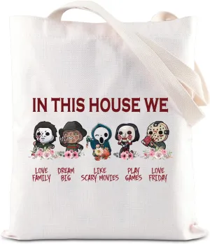 JNIAP Horror Movie Lover Tote Bag Scary Halloween For Friend In This House Horror Characters Grocery Shopping Handbag