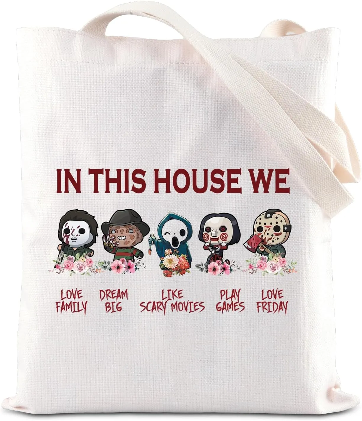 JNIAP Horror Movie Lover Tote Bag Scary Halloween For Friend In This House Horror Characters Grocery Shopping Handbag