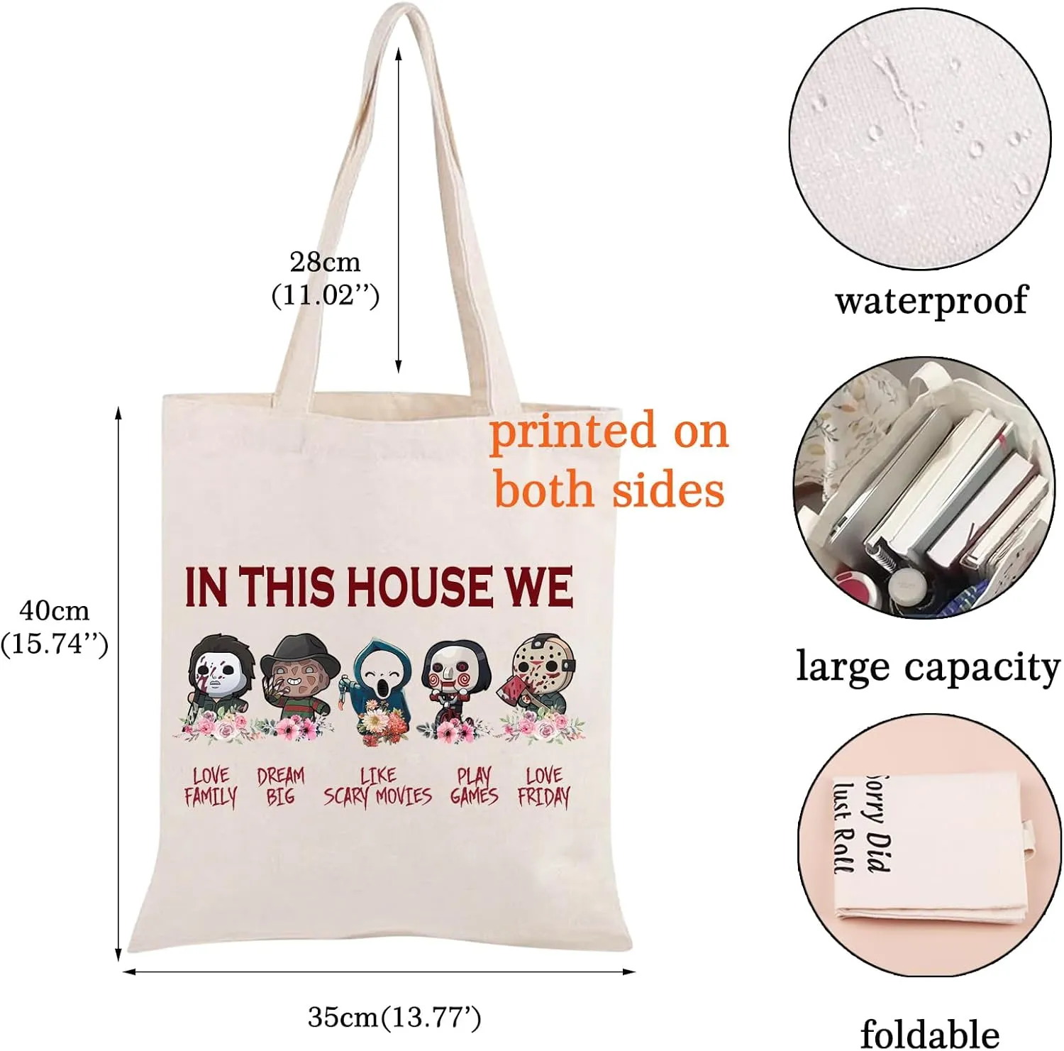 JNIAP Horror Movie Lover Tote Bag Scary Halloween For Friend In This House Horror Characters Grocery Shopping Handbag