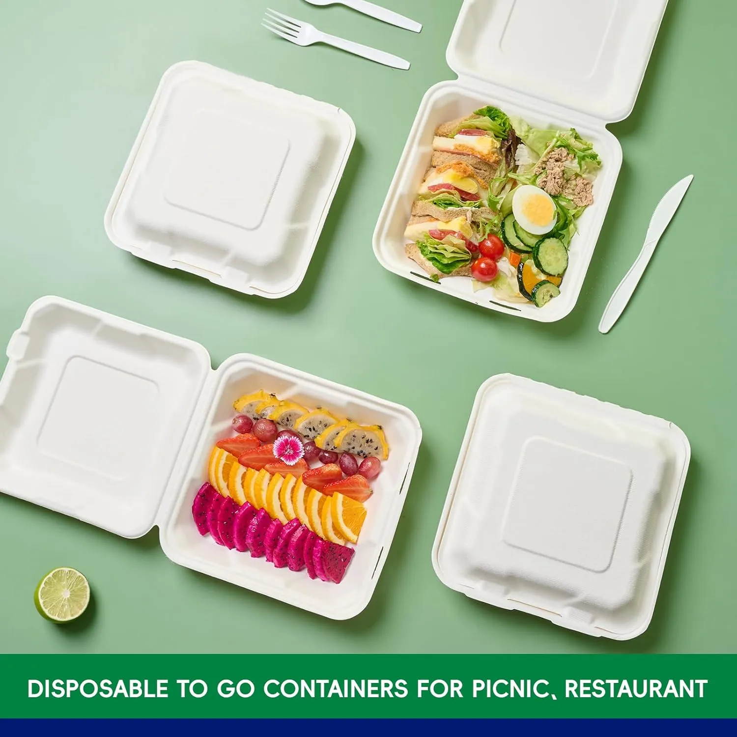 JOLLY CHEF Clamshell To Go Containers, 8 * 8" 50-Pack, Sugarcane To Go Boxes for Salad, Lunch