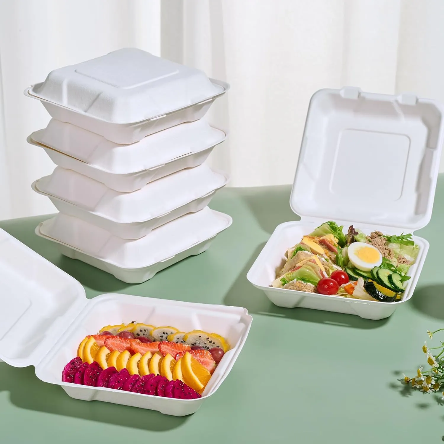 JOLLY CHEF Clamshell To Go Containers, 8 * 8" 50-Pack, Sugarcane To Go Boxes for Salad, Lunch