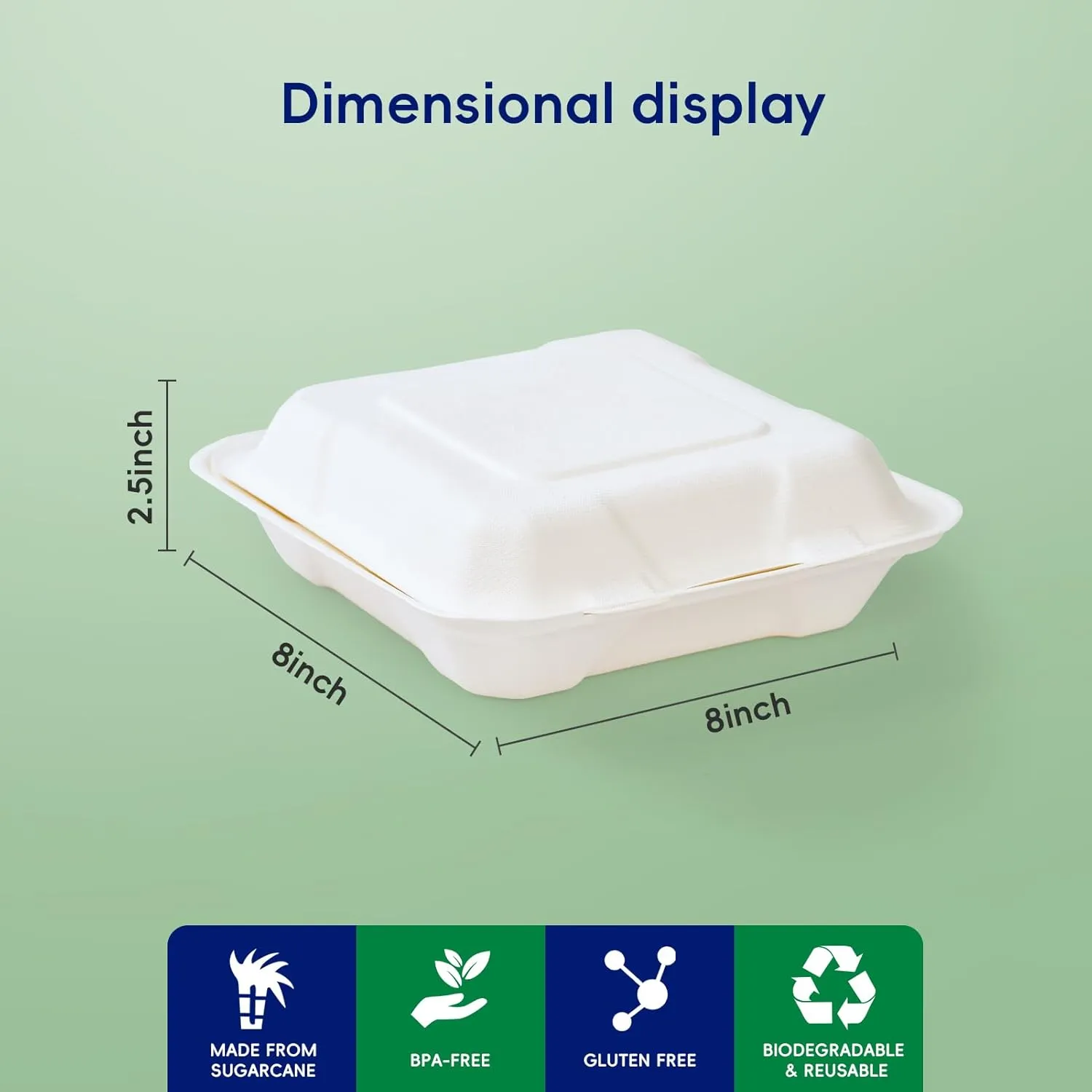 JOLLY CHEF Clamshell To Go Containers, 8 * 8" 50-Pack, Sugarcane To Go Boxes for Salad, Lunch