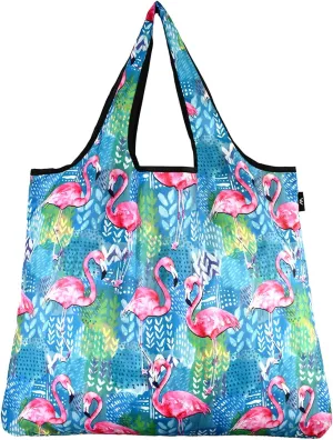 Jumbo Size, Fashionable Reusable Shopping Bags, Grocery Produce Washable Foldable 55 lbs Heavy Duty Polyester, Flamingo