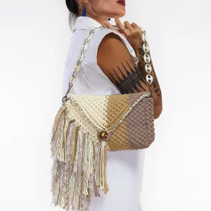 Jun Vanilla, Mocca & Gold Macrame Clutch & Shoulder Bag