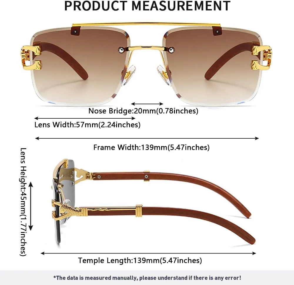 Junsika Oversized Rimless Square Sunglasses for Men Women Classic Retro Designer Imitation Wooden Sunglasses