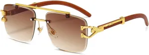Junsika Oversized Rimless Square Sunglasses for Men Women Classic Retro Designer Imitation Wooden Sunglasses